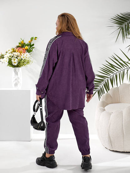Purple Women Two Piece Tracksuit Oversized Button Shirt Jogger Pants