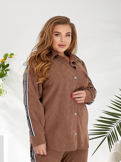 Women Two Piece Casual Set Brown Button Shirt Jogger Pants Stripe Trim Chest Pocket