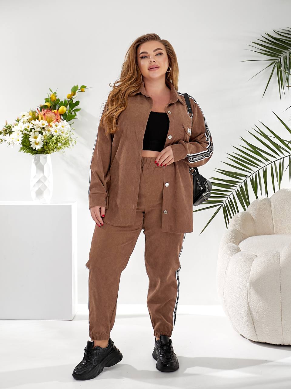Women Two Piece Casual Set Brown Button Shirt Jogger Pants Stripe Trim Chest Pocket