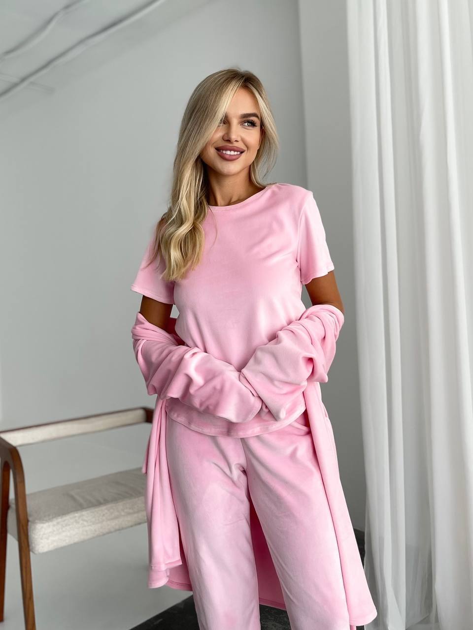 Women Three Piece Pink Pajama Set Soft Stretch Loungewear