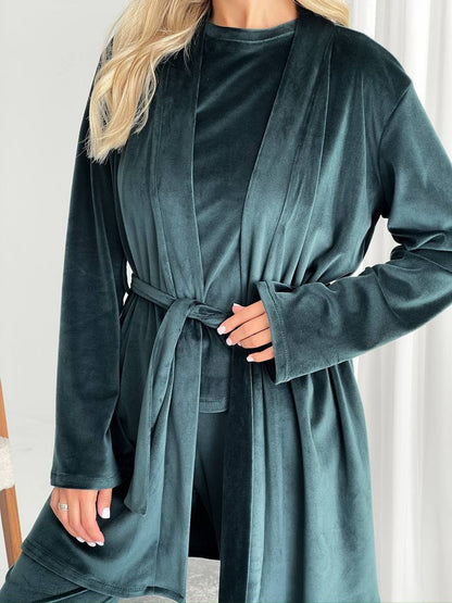 Women Three Piece Pajama Set Dark Green Soft Stretch Loungewear