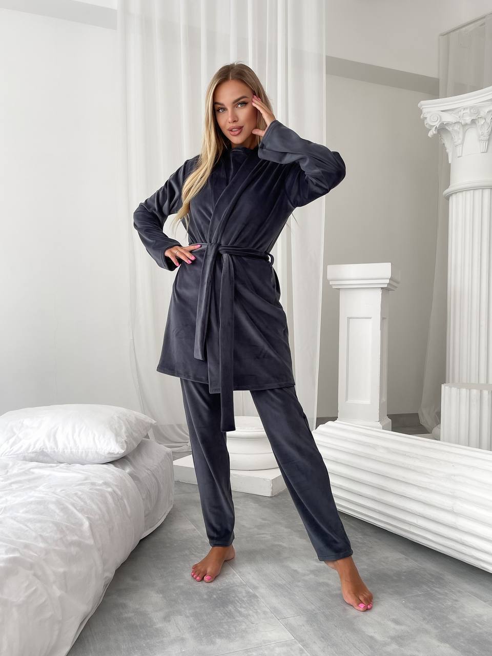 Women Three Piece Pajama Set Dark Gray Soft Stretch Loungewear Robe Pants Top