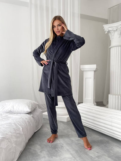 Women Three Piece Pajama Set Dark Gray Soft Stretch Loungewear Robe Pants Top