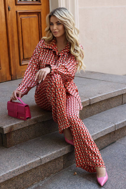Printed Silk Two Piece Suit Shirt and Palazzo Pants Red Geometric Print
