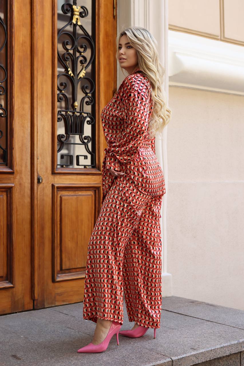 Printed Silk Two Piece Suit Shirt and Palazzo Pants Red Geometric Print