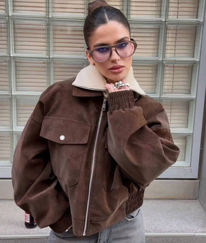 Women Suede Bomber Jacket Oversize Chocolate Brown