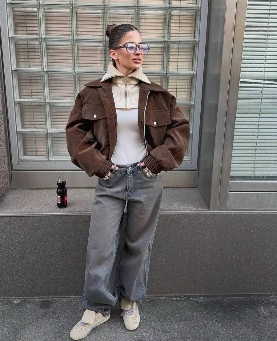 Women Suede Bomber Jacket Oversize Chocolate Brown