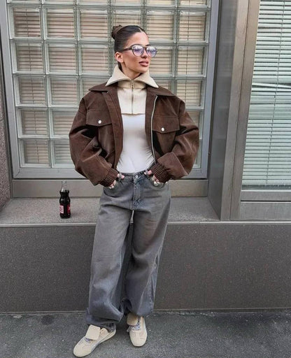 Women Suede Bomber Jacket Oversize Chocolate Brown