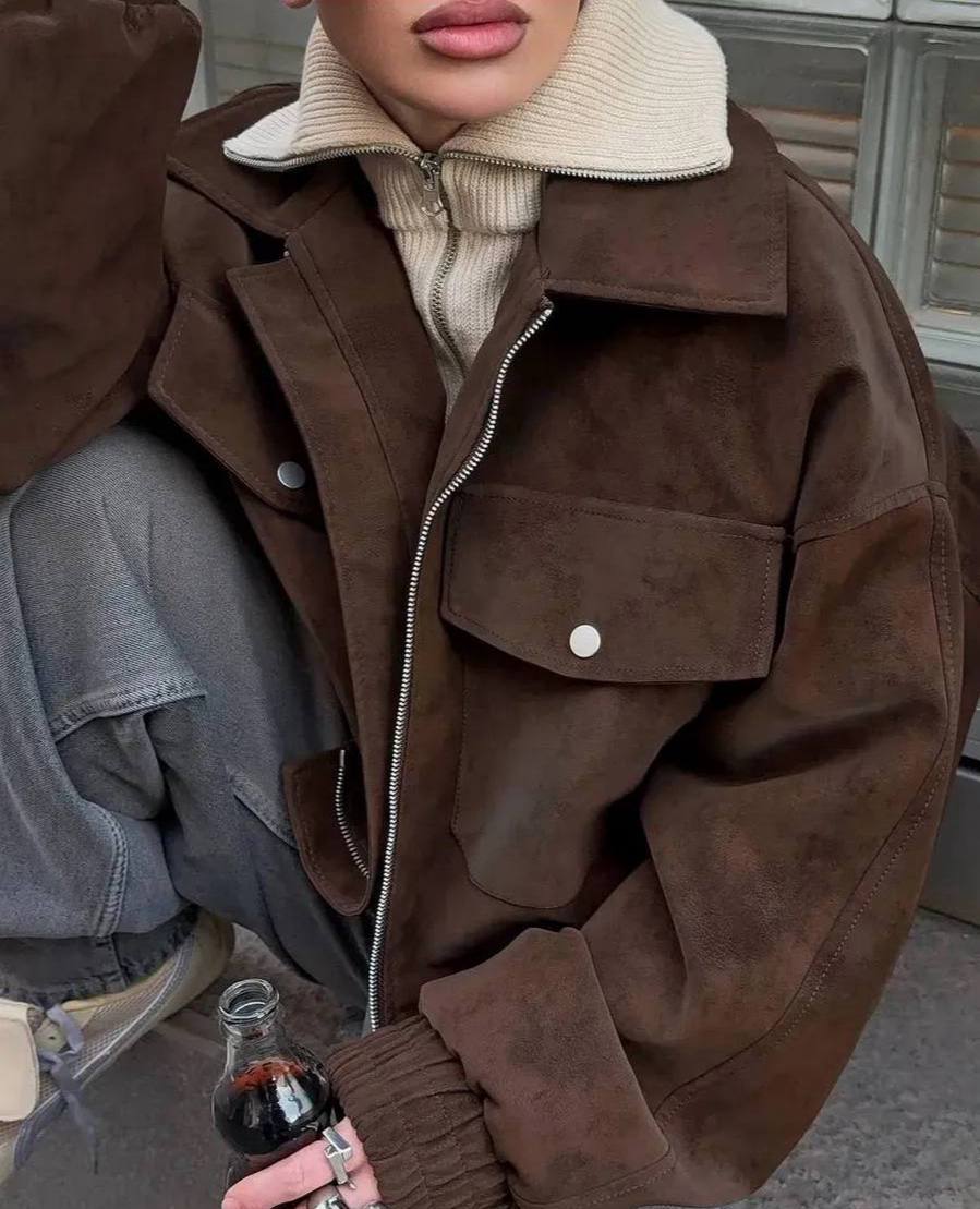 Women Suede Bomber Jacket Oversize Chocolate Brown