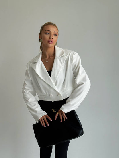 White Cropped Blazer Jacket Women Tailored Shoulder Accent