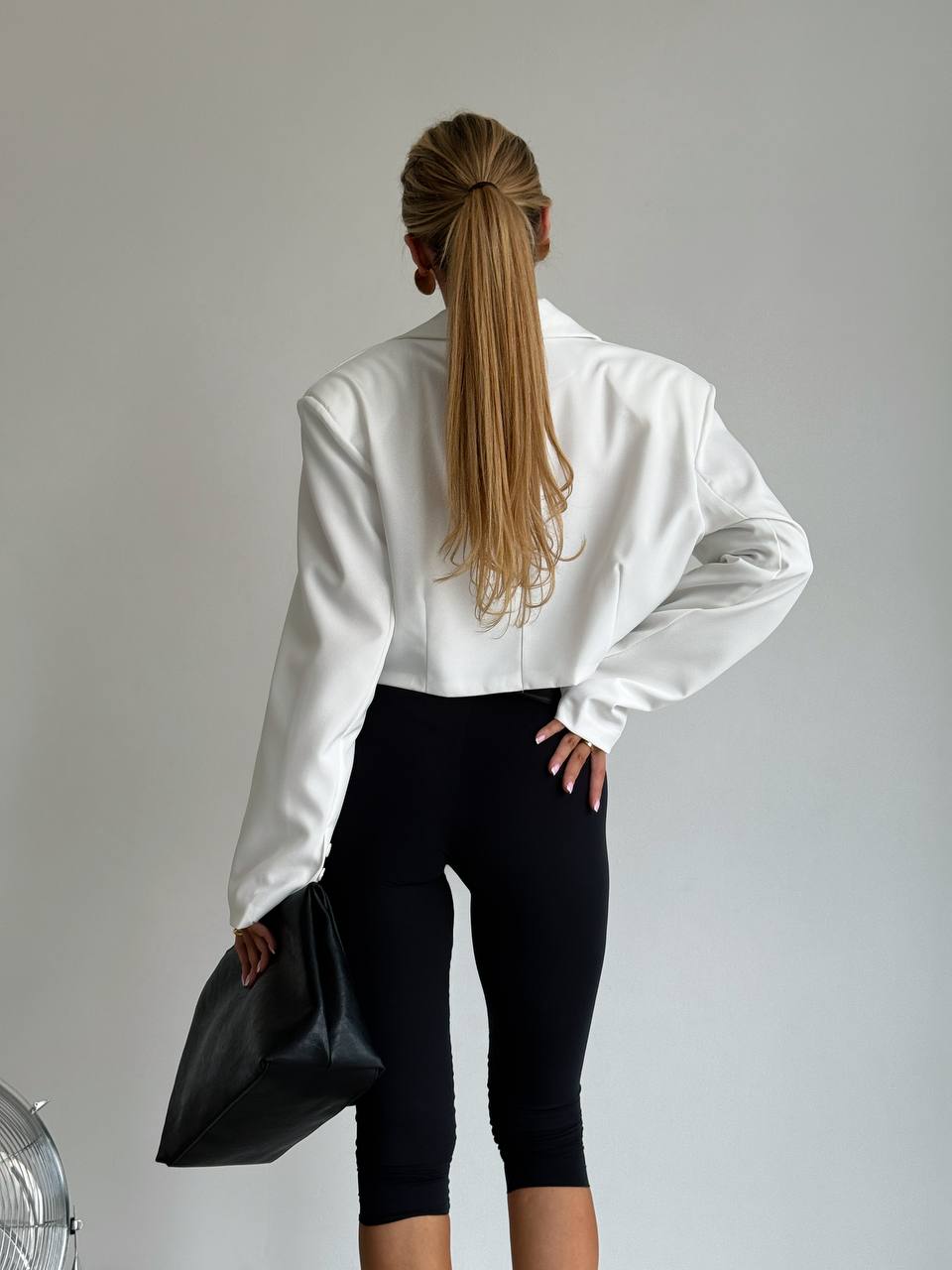 White Cropped Blazer Jacket Women Tailored Shoulder Accent