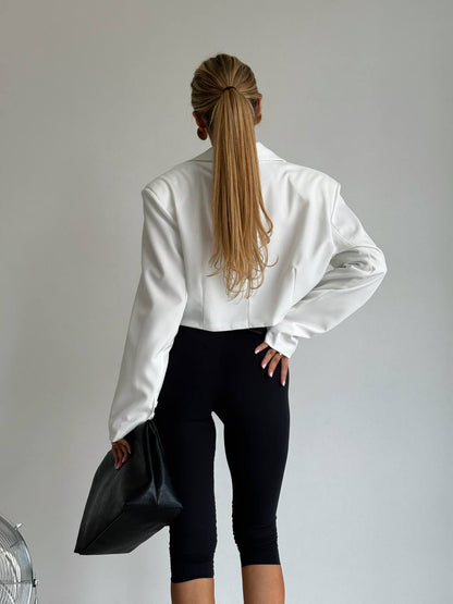 White Cropped Blazer Jacket Women Tailored Shoulder Accent