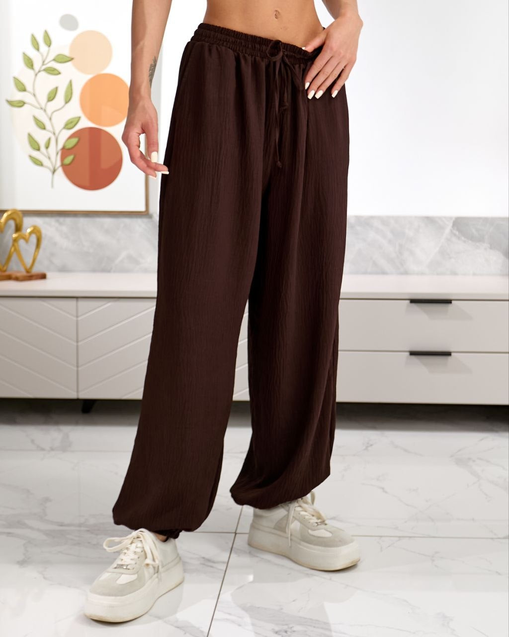 Brown Summer Wide Leg Trousers For Women Lightweight American Crepe Crinkle Elastic Waist Drawstring