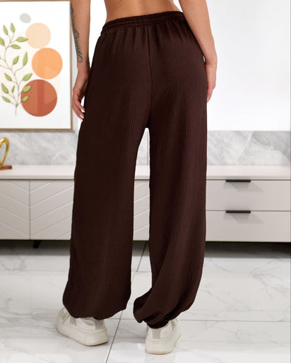 Brown Summer Wide Leg Trousers For Women Lightweight American Crepe Crinkle Elastic Waist Drawstring