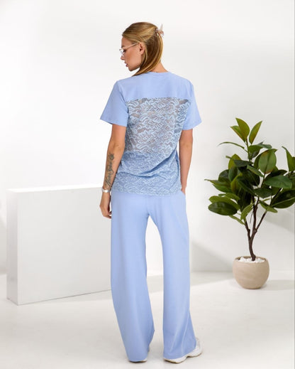 Light Blue Womens Two Piece Summer Cotton Set T Shirt and Wide Leg Pants