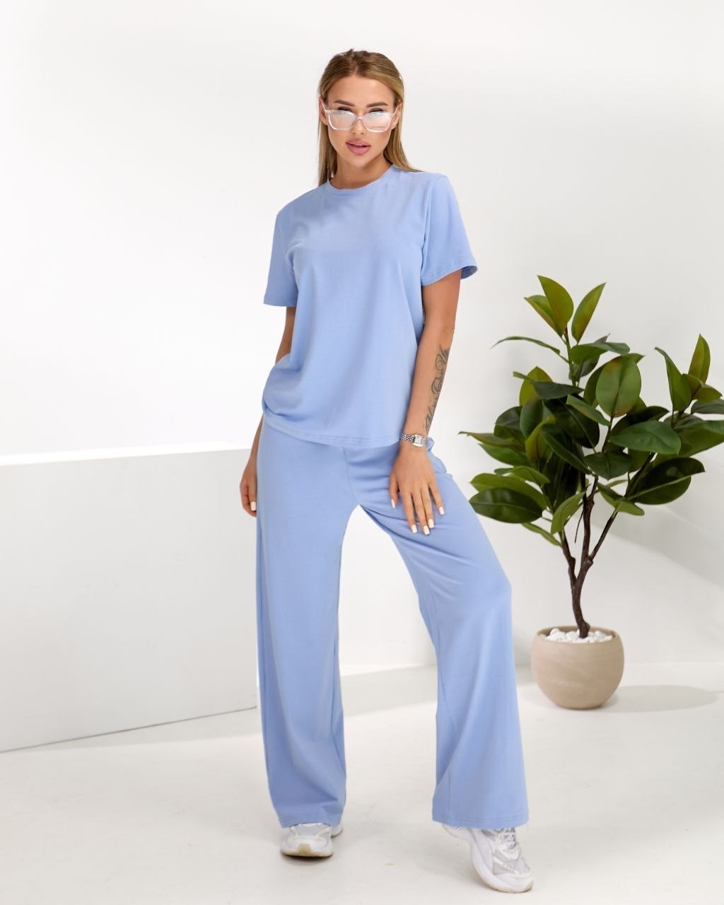 Light Blue Womens Two Piece Summer Cotton Set T Shirt and Wide Leg Pants