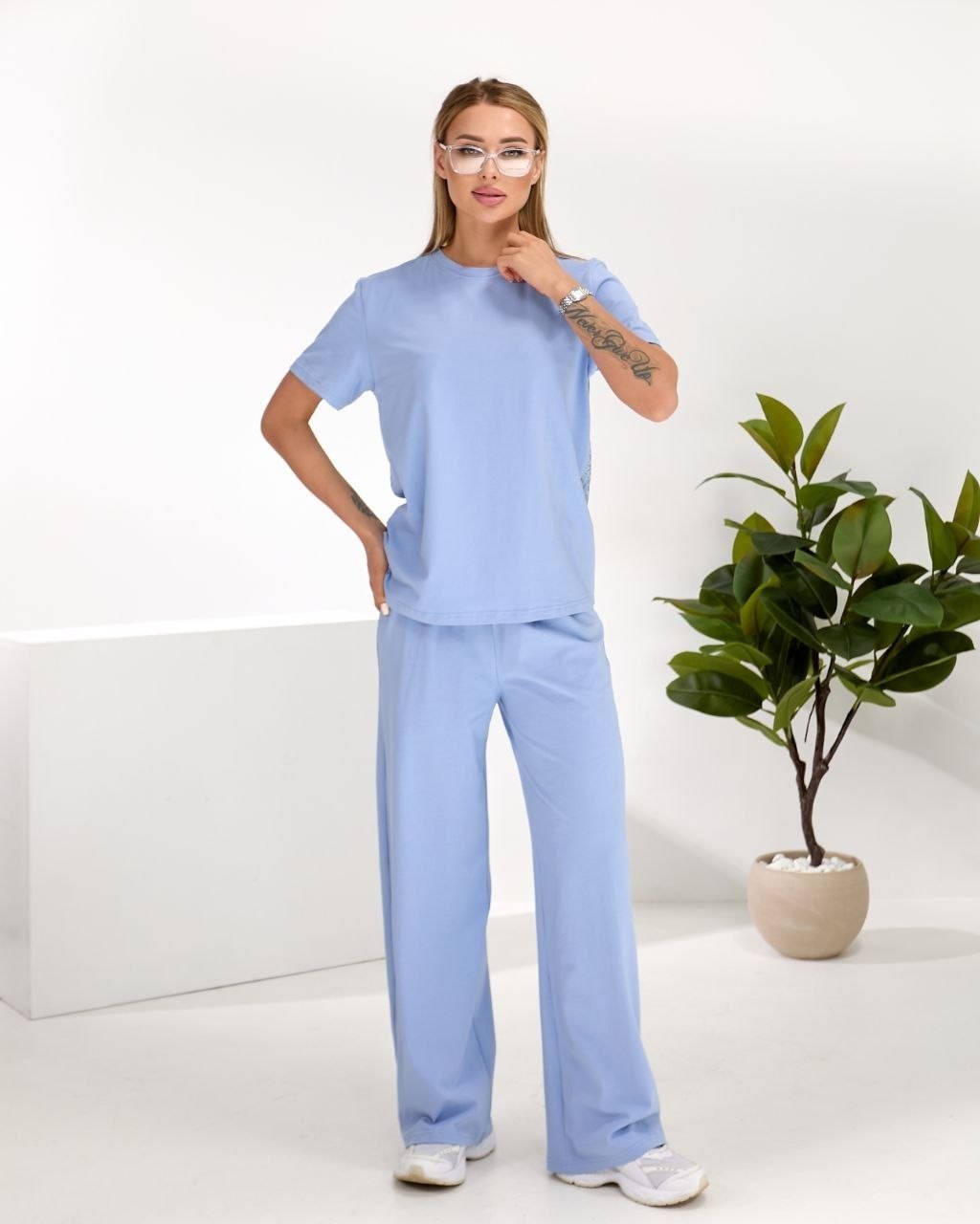 Light Blue Womens Two Piece Summer Cotton Set T Shirt and Wide Leg Pants