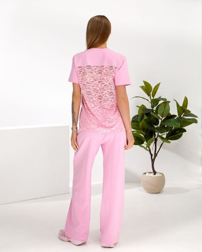 Pink Womens Summer Cotton Two Piece Set Casual Tshirt Wide Leg Pants