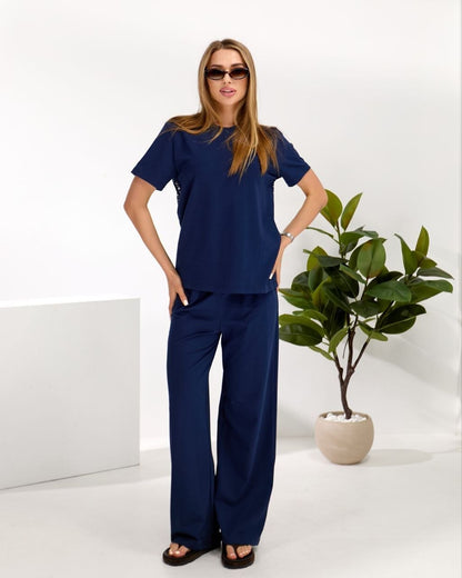 Navy Summer Two Piece Set Women Cotton T Shirt and Wide Leg Pants