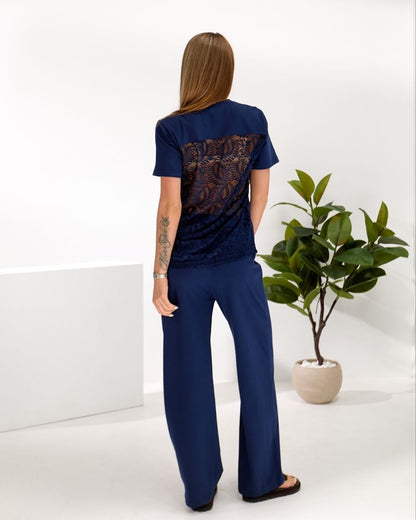 Navy Summer Two Piece Set Women Cotton T Shirt and Wide Leg Pants