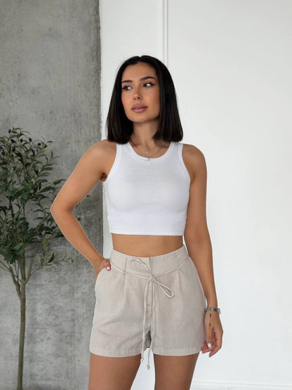 Women Linen Drawstring Shorts Beige Relaxed Fit Side Pockets