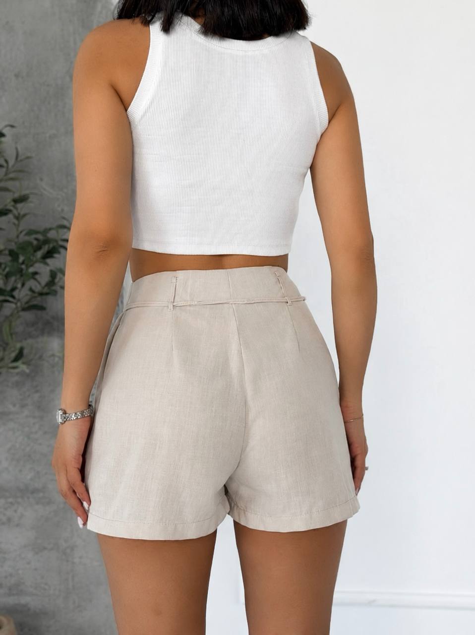 Women Linen Drawstring Shorts Beige Relaxed Fit Side Pockets