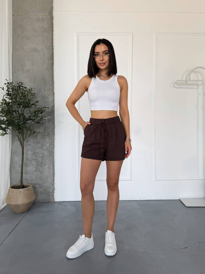 Brown Linen Shorts Women Loose Fit Drawstring Waist Side Pockets Casual Summer