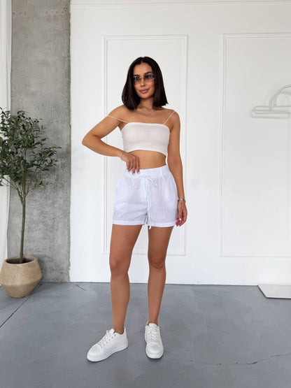 Women's White Linen Shorts Loose Fit Breathable Summer Shorts with Pockets and Drawstring Waist