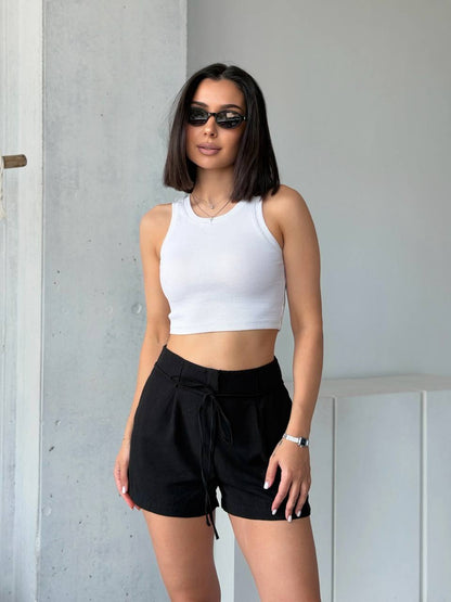 Black Linen Women Loose Fit Shorts Side Pockets Waist Tie