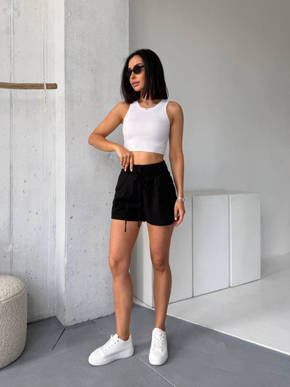 Black Linen Women Loose Fit Shorts Side Pockets Waist Tie