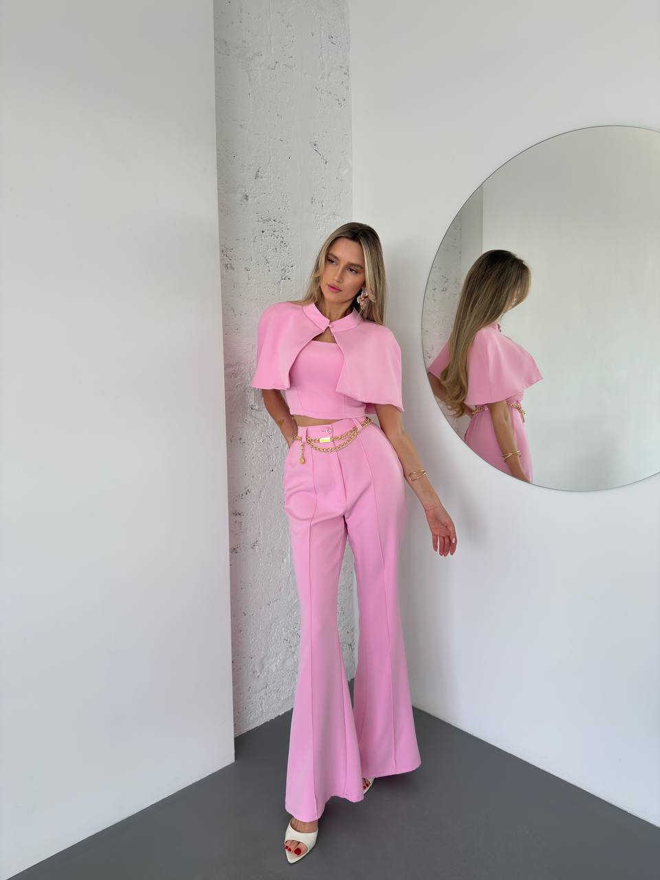 Pink Three Piece Womens Suit Cape Top Zip Crop High Waisted Flared Trousers Set