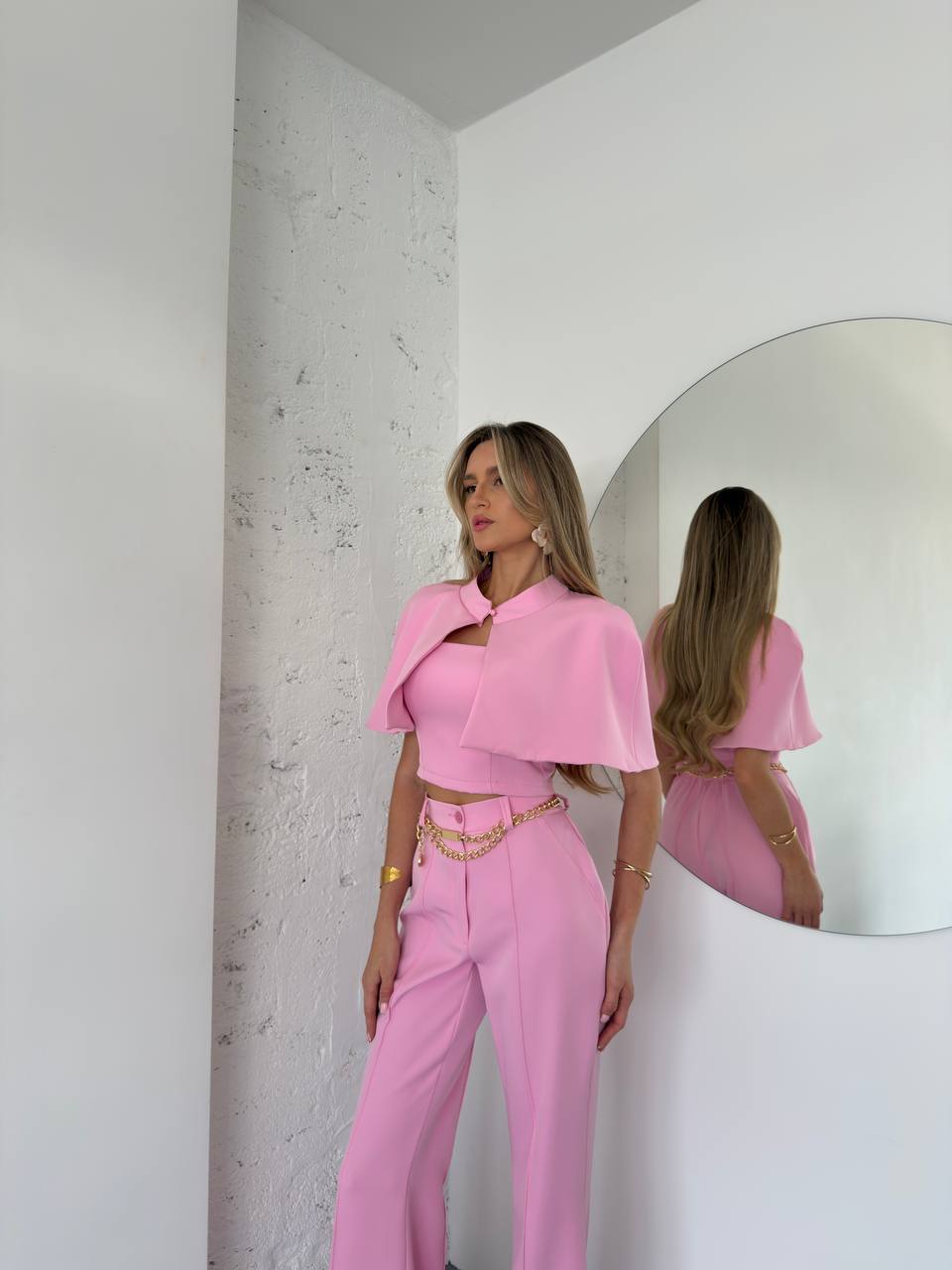 Pink Three Piece Womens Suit Cape Top Zip Crop High Waisted Flared Trousers Set