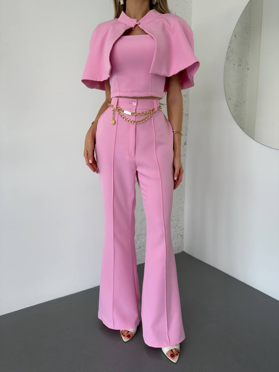 Pink Three Piece Womens Suit Cape Top Zip Crop High Waisted Flared Trousers Set
