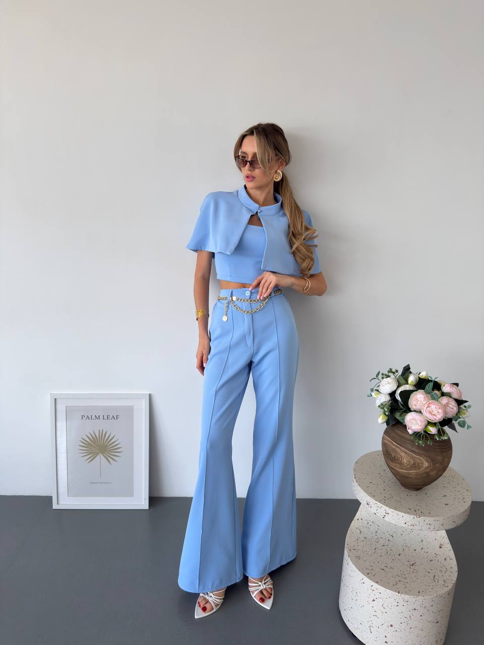 Womens Light Blue Three Piece Suit Cape Crop Top High Waist Flared Pants
