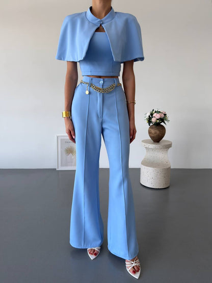 Womens Light Blue Three Piece Suit Cape Crop Top High Waist Flared Pants