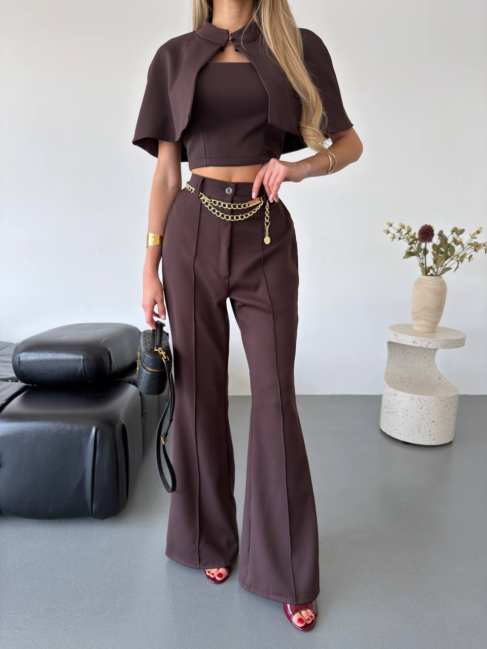 Womens Three Piece Suit Brown Cape Crop Top Flared Pants