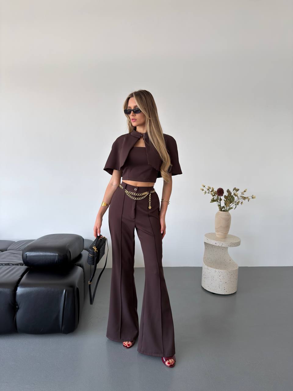 Womens Three Piece Suit Brown Cape Crop Top Flared Pants