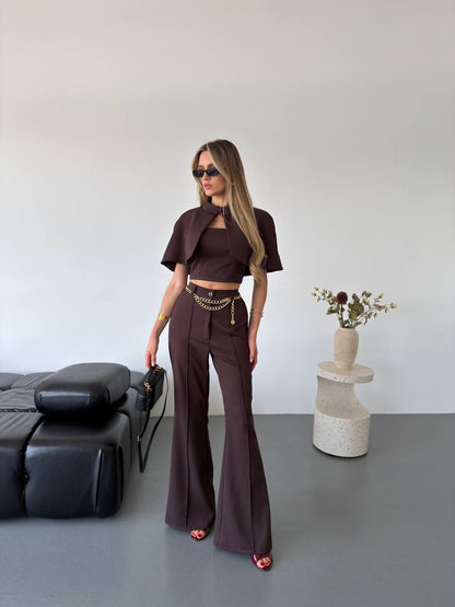 Womens Three Piece Suit Brown Cape Crop Top Flared Pants