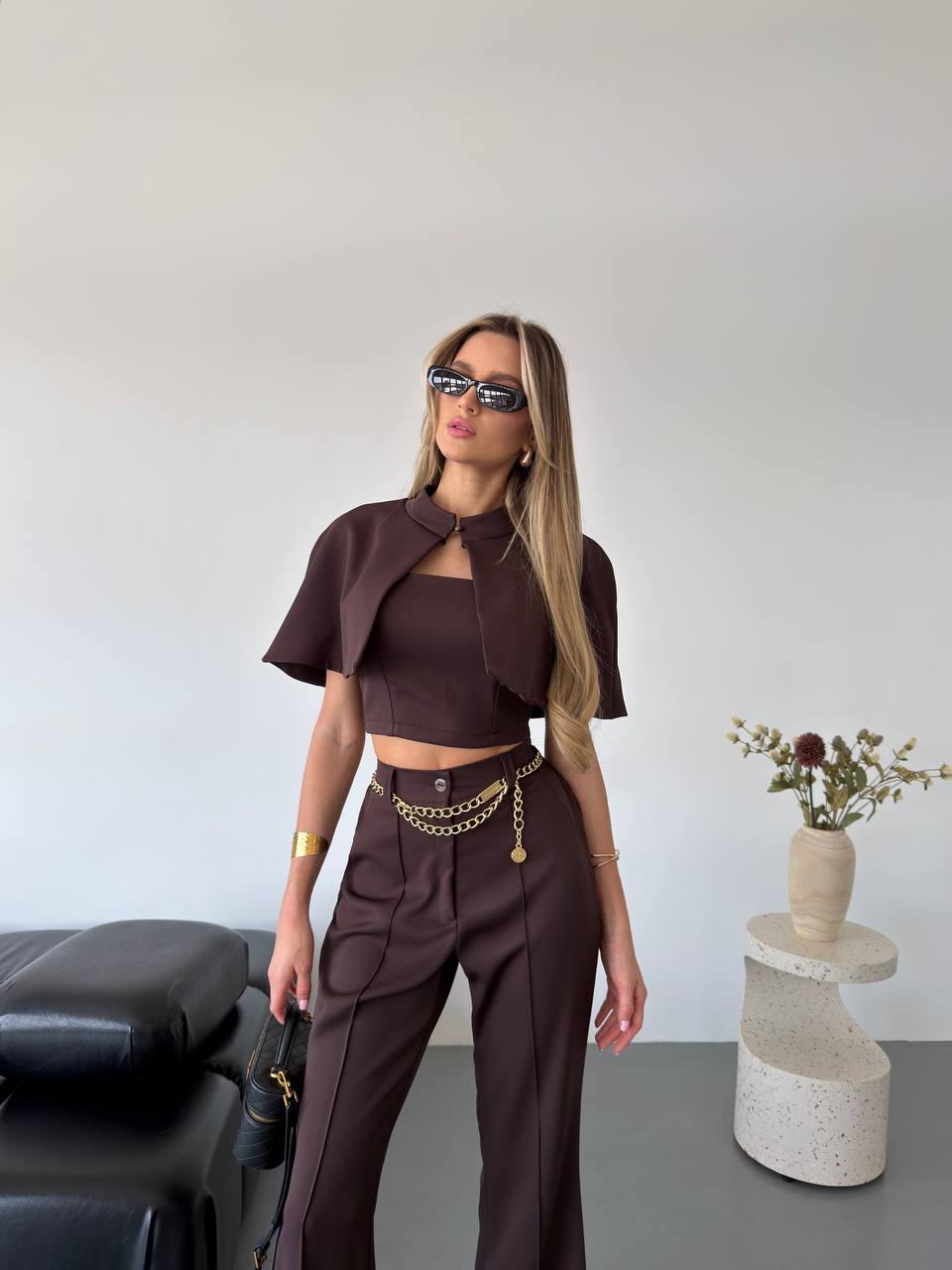 Womens Three Piece Suit Brown Cape Crop Top Flared Pants