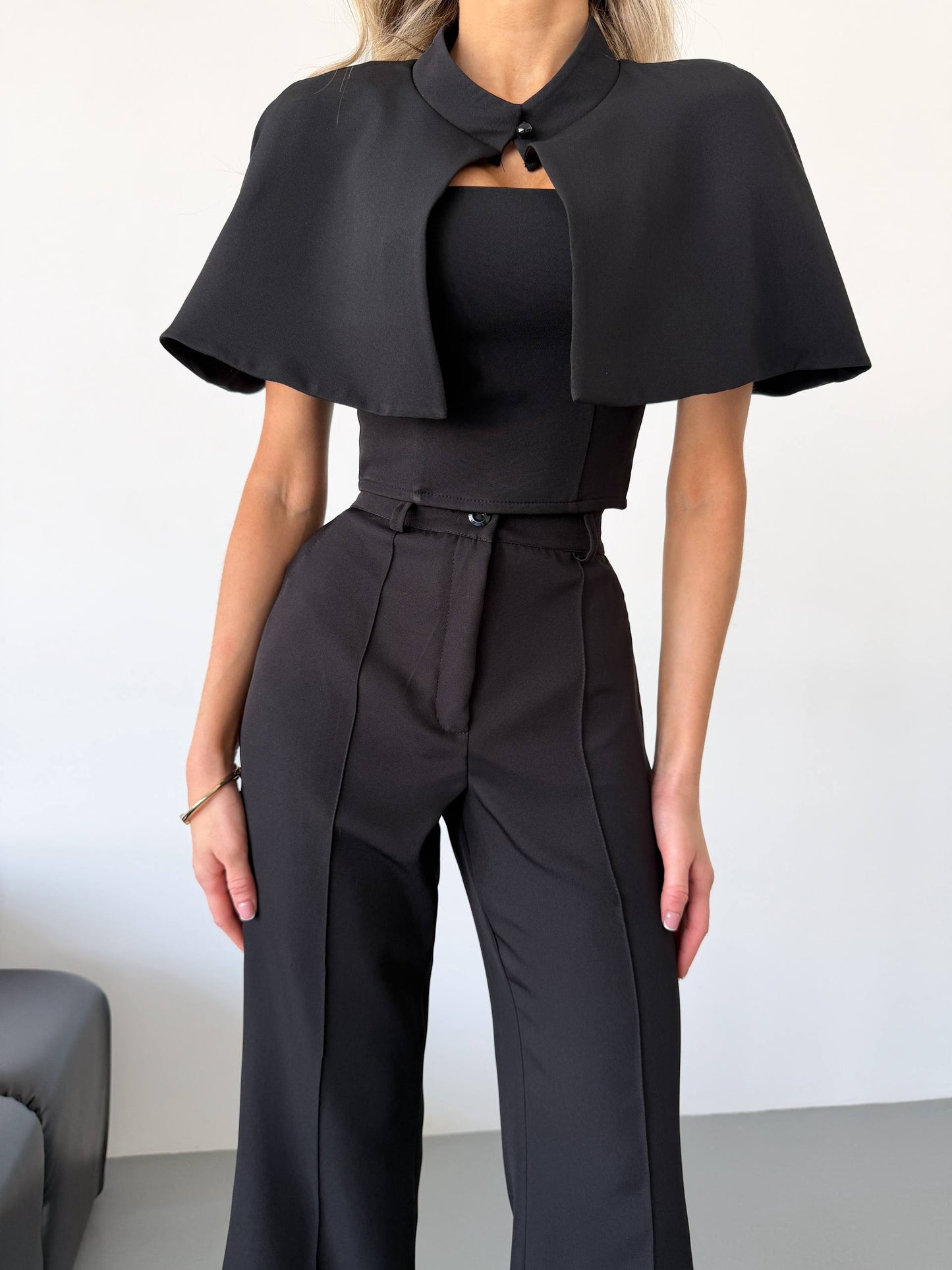 Womens Black Three Piece Suit Cape Top Trousers Tailored Formal Set
