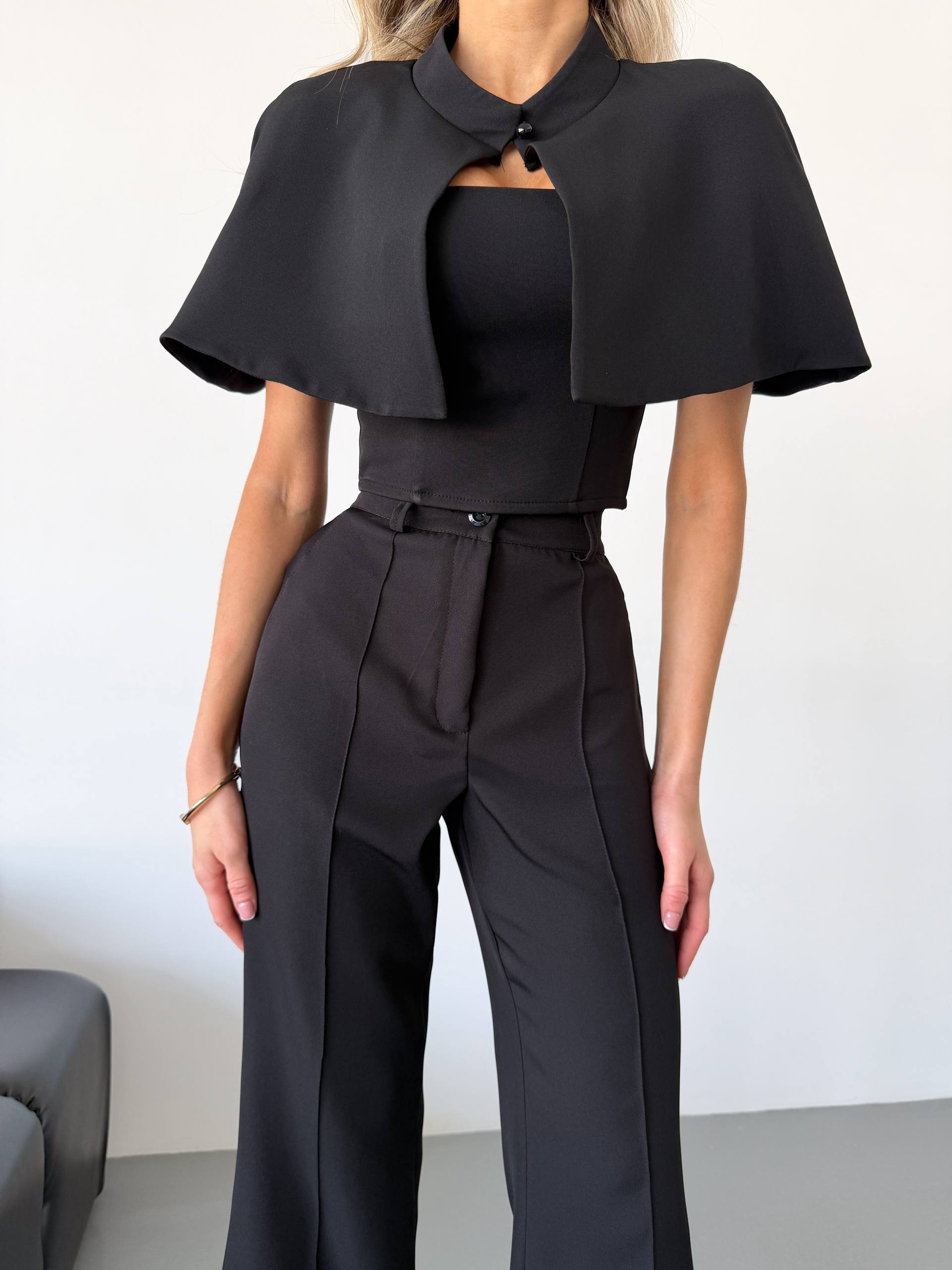 Womens Black Three Piece Suit Cape Top Trousers Tailored Formal Set
