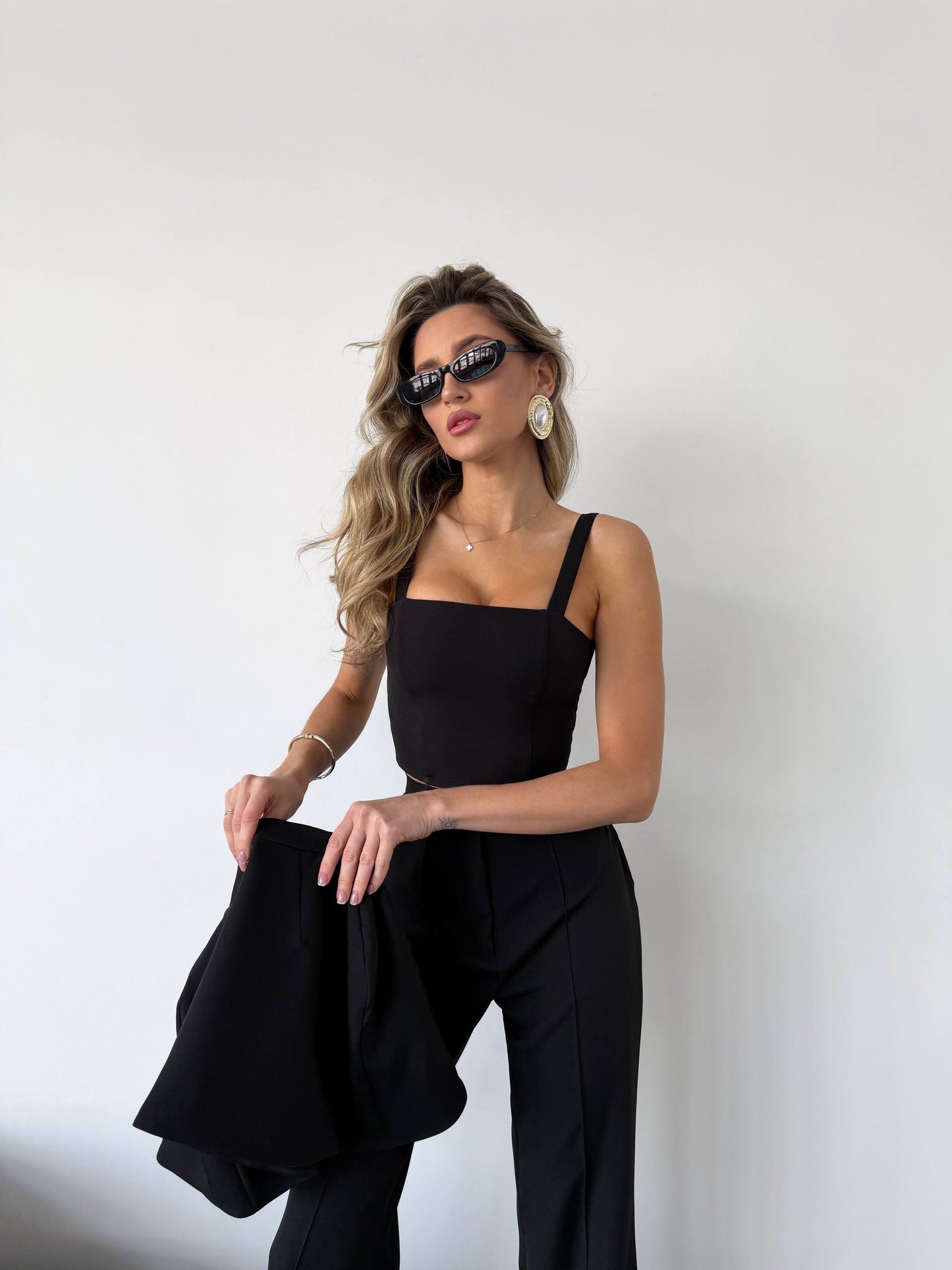 Womens Black Three Piece Suit Cape Top Trousers Tailored Formal Set