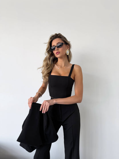 Womens Black Three Piece Suit Cape Top Trousers Tailored Formal Set