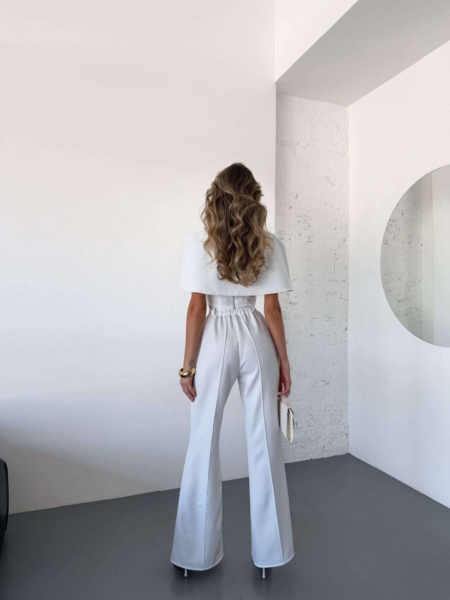 White Womens Three Piece Suit Cape Top High Waisted Wide Leg Pants Tailored Set