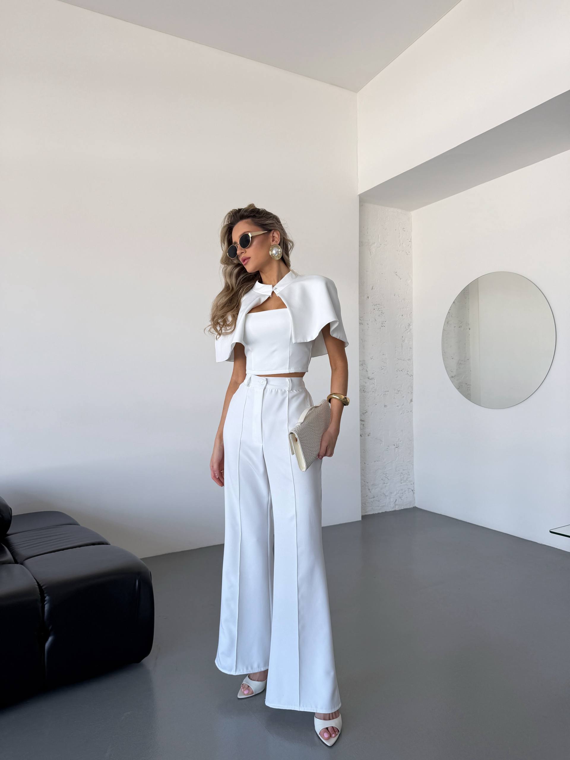 White Womens Three Piece Suit Cape Top High Waisted Wide Leg Pants Tailored Set
