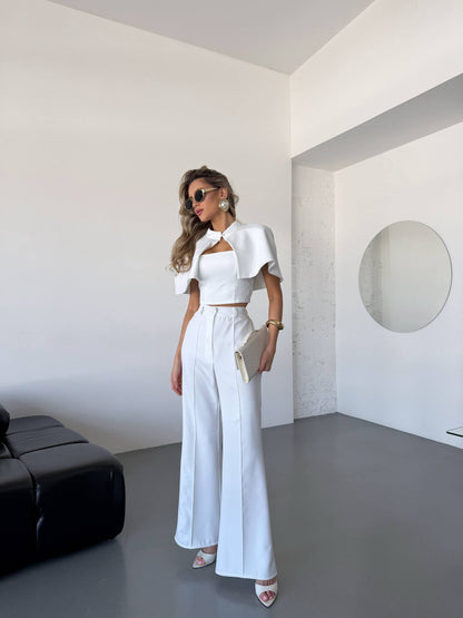 White Womens Three Piece Suit Cape Top High Waisted Wide Leg Pants Tailored Set