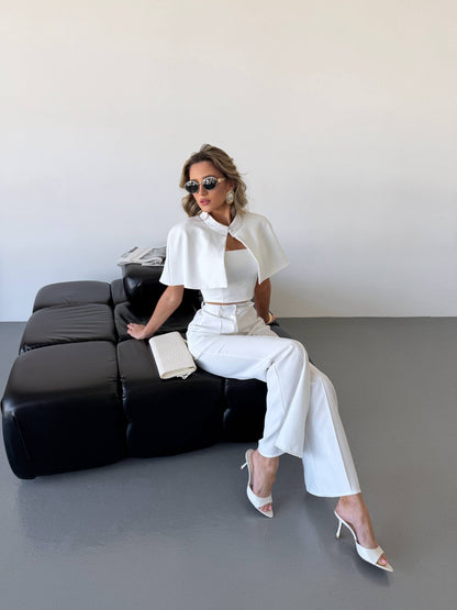 White Womens Three Piece Suit Cape Top High Waisted Wide Leg Pants Tailored Set