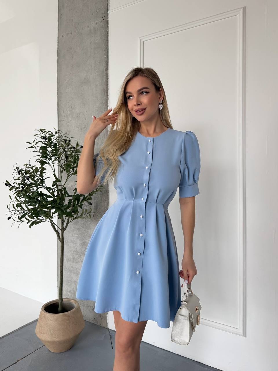 Woman wearing a light blue dress standing indoors with a plant and white door in the background