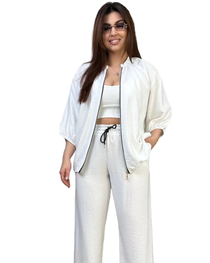 White Linen Viscose Two Piece Womens Suit Palazzo Pants Zip Jacket