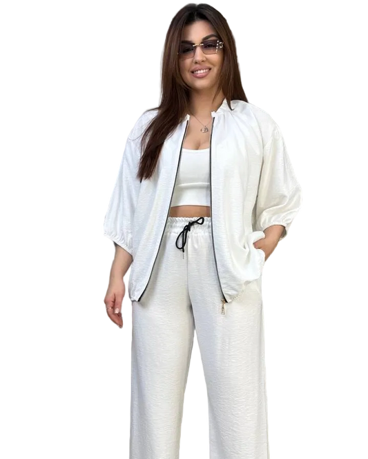 White Linen Viscose Two Piece Womens Suit Palazzo Pants Zip Jacket